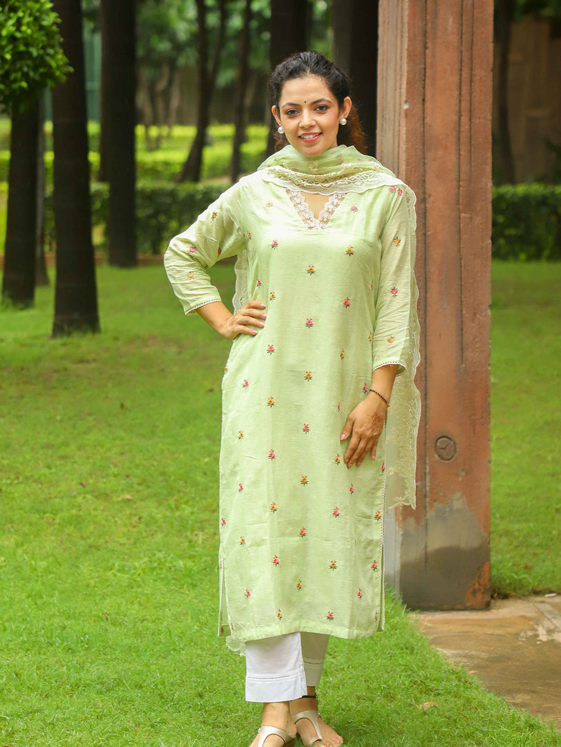 Linen Embroidery With Organza Duapatta Green