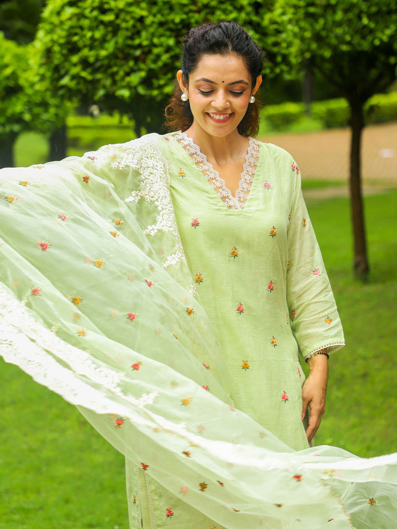 Linen Embroidery With Organza Duapatta Green