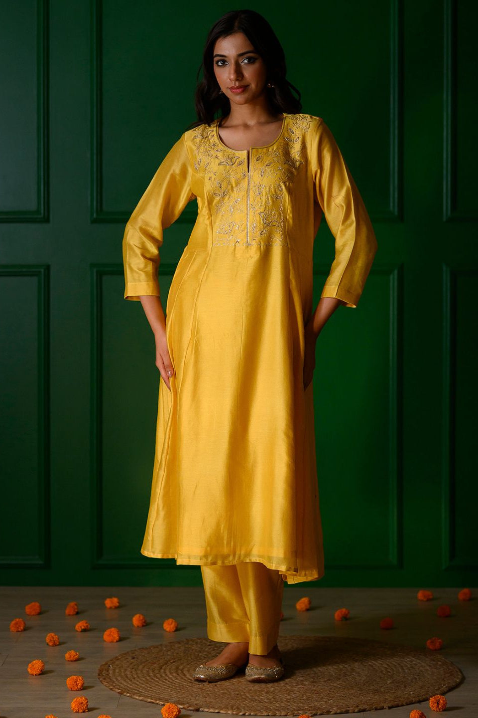 Yellow embroidery Kurta + Yellow chanderi Pants
