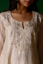 White embroidery Kurta + White Chanderi pants