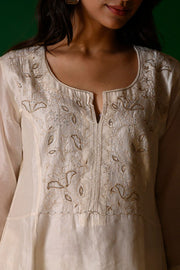 White embroidery Kurta + White Chanderi pants