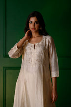 White embroidery Kurta + White Chanderi pants