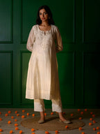 White embroidery Kurta + White Chanderi pants