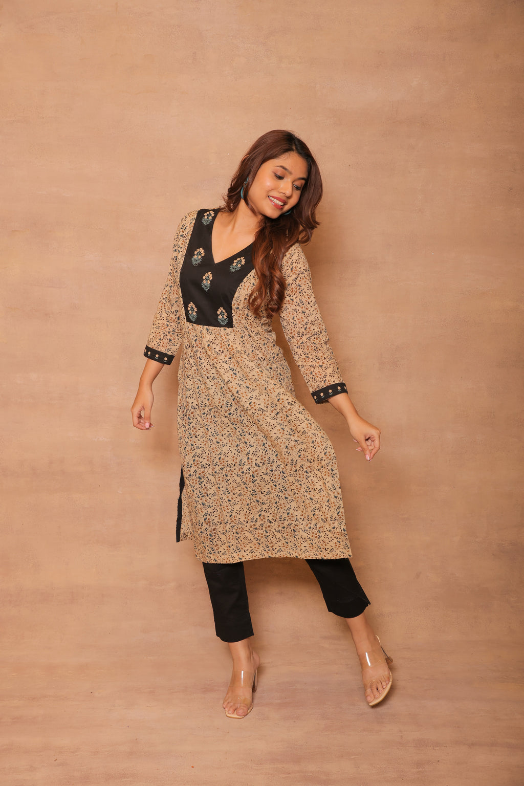 Bagru Hand Embroidery yoke kurta