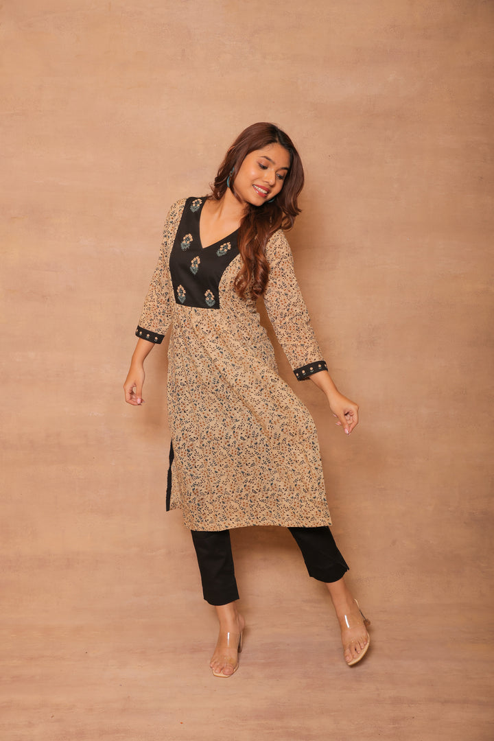 Bagru Hand Embroidery yoke kurta