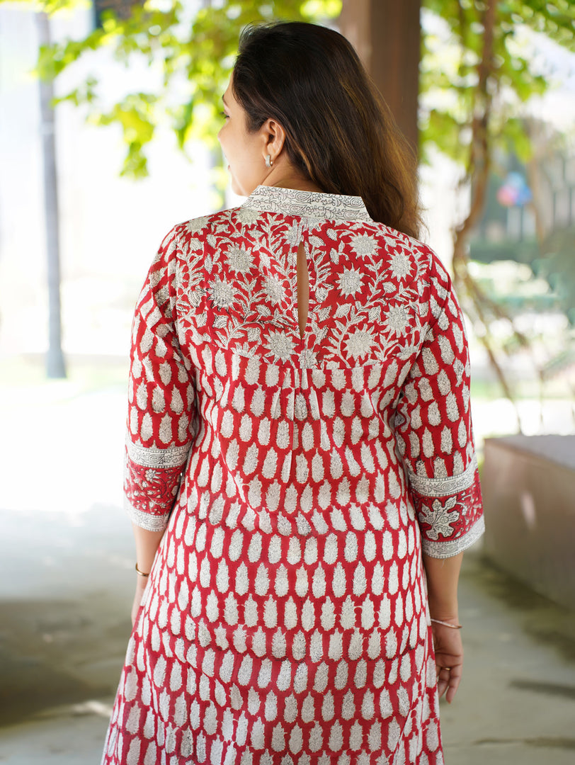 Women's Red & White A-Line Cotton Kurta