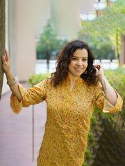 Women's Cotton Yellow & Green Collared Kurti