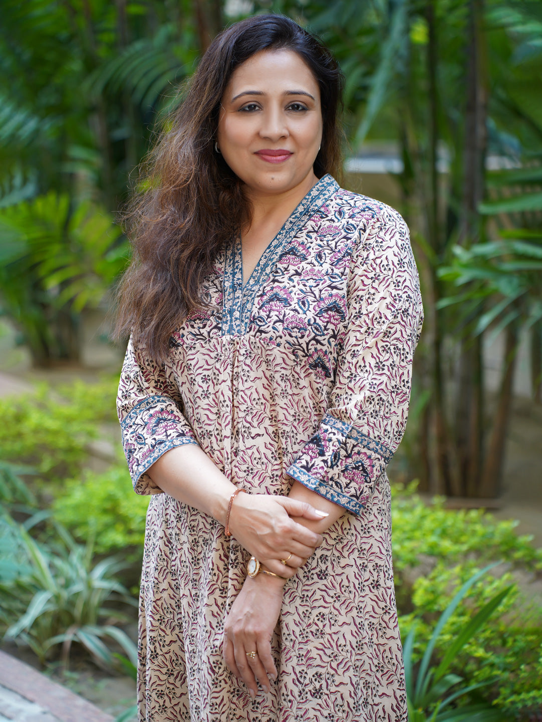 Women's Indigo & Pink Bagru Cotton A-Line Kurta